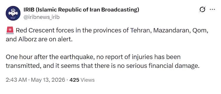 Klikni za povećanje tweet iran earthquake may 2026