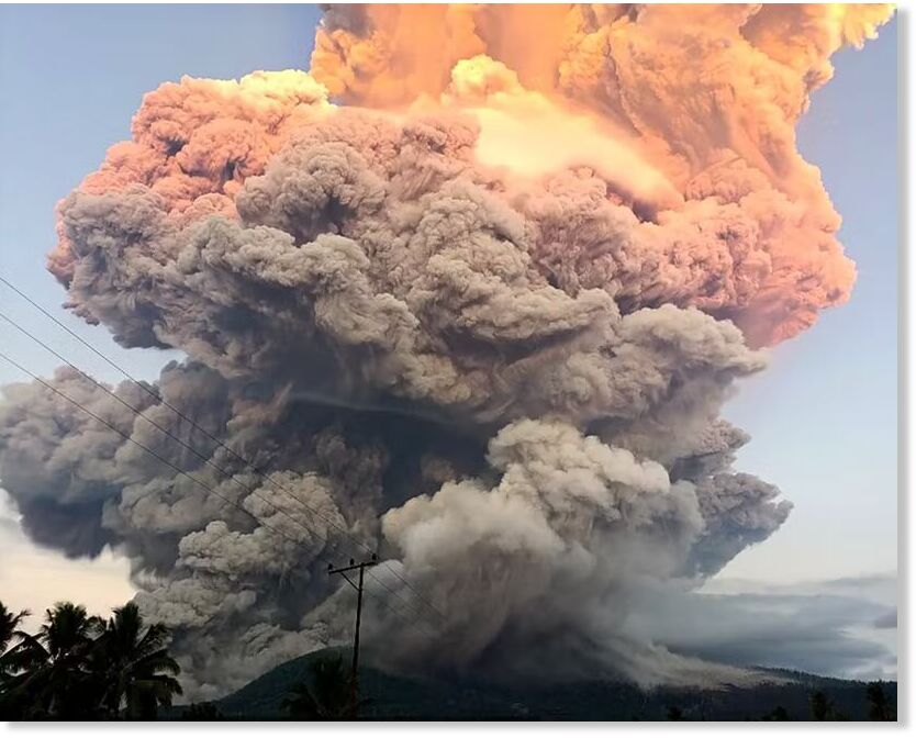 Ash billows from Mount Lewotobi Laki-Laki on Flores Island in East Nusa Tenggara province, Indonesia.