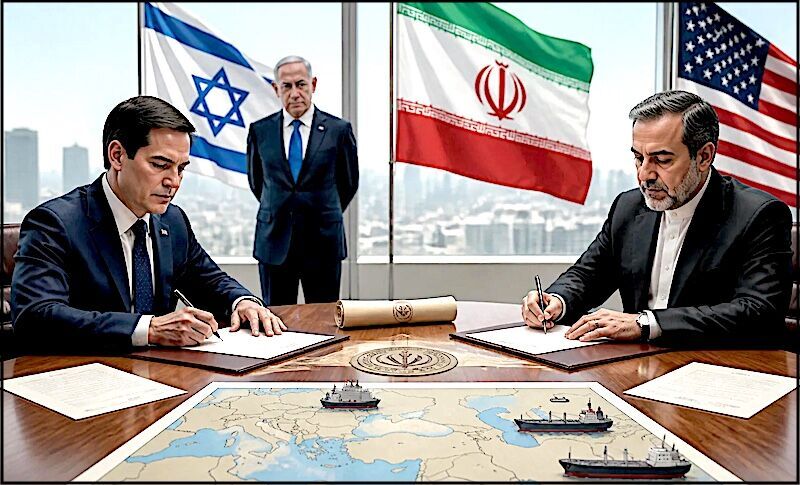Klikni za povećanje US Sec of State Rubio • Iran FM Abbas Araghchi • Israeli PM Benjamin Netanyahu lurking