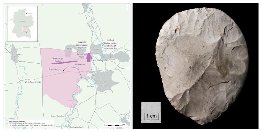 Klikni za povećanje disc shaped flint knife and map