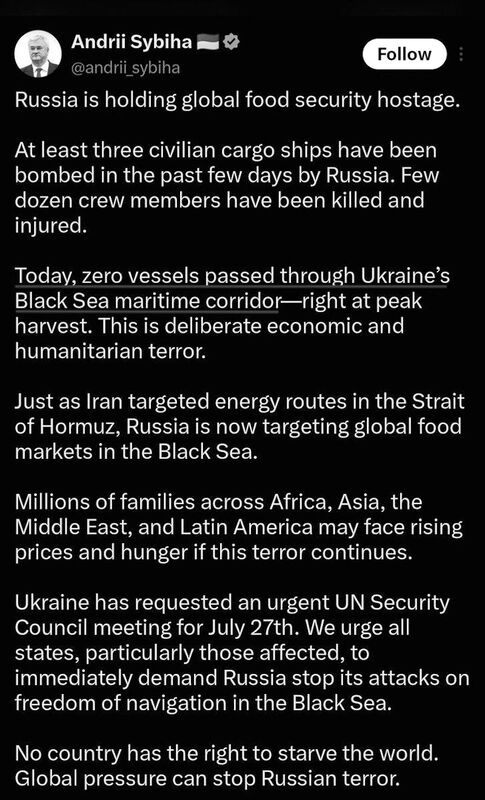 Klikni za povećanje tweet ukraine blame russia food shortage africa odessa blockade